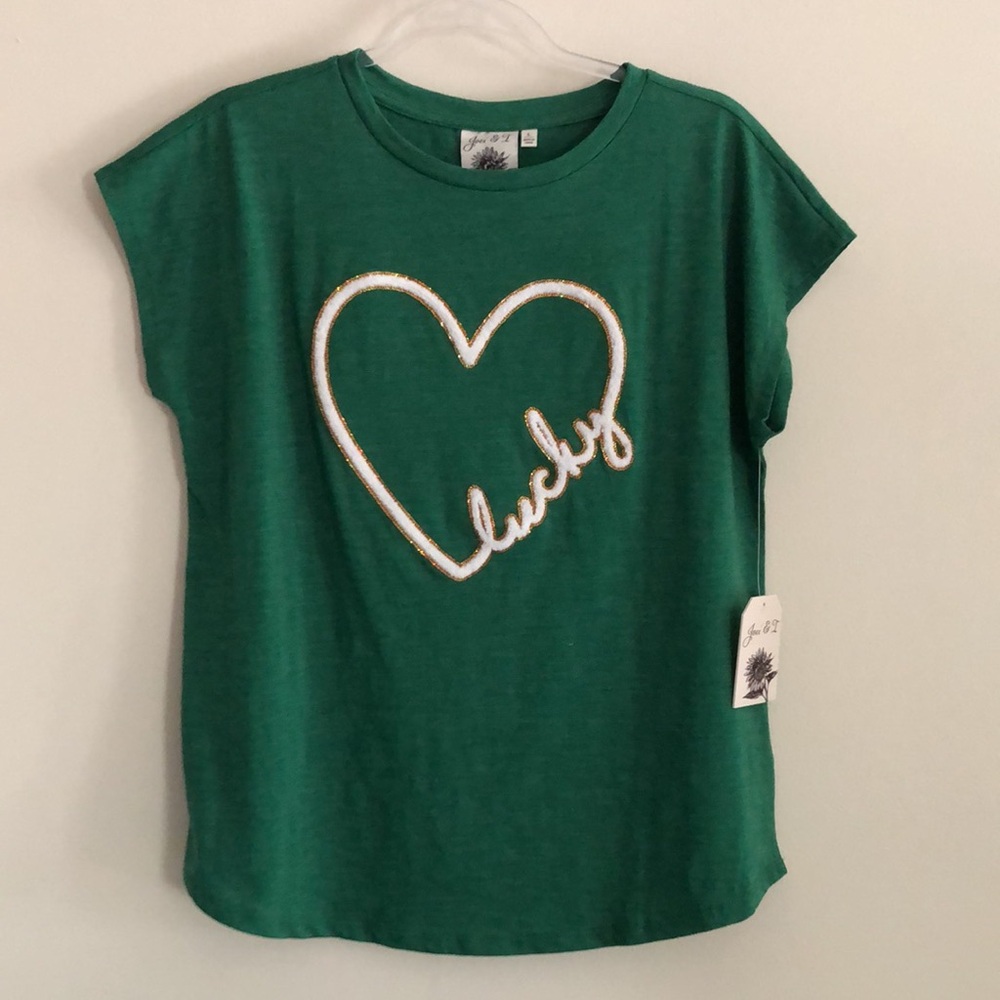 Joei & I Women’s Emerald Green Sequin LUCKY Heart T—Shirt SIZE L